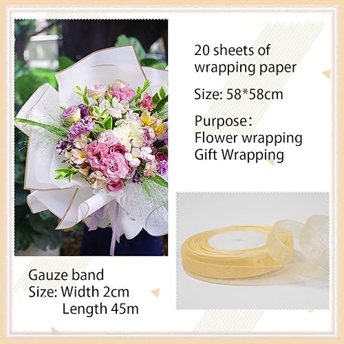 20 Feuilles de Papier Cadeau Fleuriste Imperméable (58x58 cm), Emballage avec Ruban pour Bouquets/Artisanat, Papier Emballage Fleuriste Papier Bouquet de Fleur - Nail Gallerys