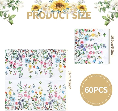BOXOB 60pcs Serviettes en Papier Colorées à Motifs de Fleurs Sauvages, Motif Floral Motif Fleur de Printemps Papillon Décoration Table Fête pour Mariage Dîner Cuisine Anniversaire - Nail Gallerys