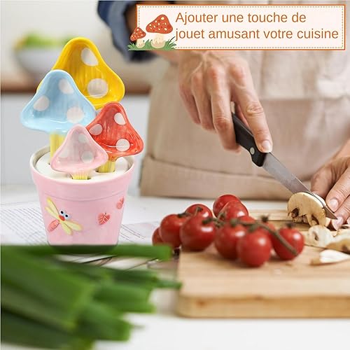 Tasses à mesurer aux champignons, ensemble de cuillères à mesurer mignonnes - 4 cuillères à mesurer en porcelaine avec base | Cuillères à mesurer en forme de champignon de dessin animé, outil de cuiss - Nail Gallerys
