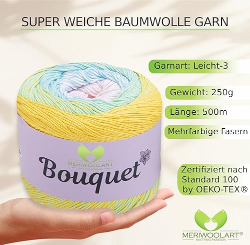 MeriWoolArt Bouquet - Fil de coton - 100 % coton - Fil à crochet et à tricoter - Multicolore - 250 g - 500 m - Idéal pour serviettes, couvertures de bébé, amigurumi, vêtements d'été et accessoires de - Nail Gallerys
