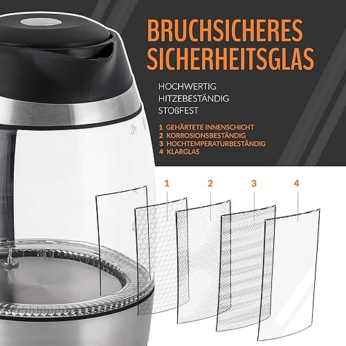 TRESKO Bouilloire électrique en cristal 1.8 L avec infuseur à thé et filtre à eau | Illumination LED | 2200W | Température réglable | Fonction de Maintien au Chaud - Nail Gallerys