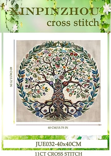 Xinpinzhou Canevas Broderie Point de Croix Kit Complet Adulte Debutant Compté Pré Imprimé Estampillé Moderne Débutant avec Fils, Facile Arbre de Vie 11ct Cross Stitch Loisirs Créatifs Set 40x40 CM - Nail Gallerys