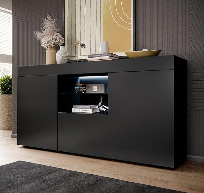 MB Muebles Bonitos, Buffet Sefora pour Salon et Salle à Manger avec Lumière LED, Meuble en Mélamine Mate, Couleur Blanc et Sonoma, 135x73x34 cm - Nail Gallerys