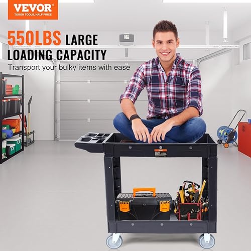 VEVOR Chariot de service utilitaire, 2 étagères, 250 kg, chariot utilitaire en plastique roues pivotantes à 360°, étagère à rebord moyen, poignée de rangement pour entrepôt, garage, nettoyage, bureau - Nail Gallerys