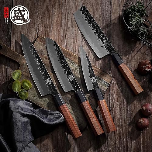 MITSUMOTO SAKARI Set Couteau Cuisine de 4, Set de Couteaux de Cuisine Forgés à La Main, Couteau Japonais en Acier à Haute Teneur en Carbone à 3 Couches (Boutique Boîte en Bois) - Nail Gallerys