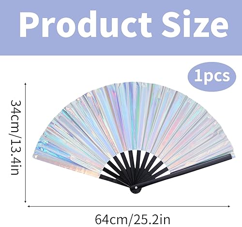 Éventail à Main Rave Holographique Argenté Grand Ventilateur Portatif Pliable à Paillettes Éventail de Festival PVC Éventails Chinois Pour Mariage Anniversaire Danse Musique Cosplay Fête (Argent) - Nail Gallerys
