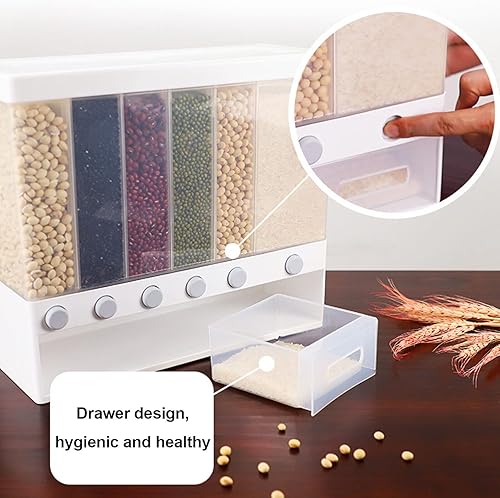 TRIEBAN Distributeur de céréales 6 en 1 - Distributeur de riz - 6 grilles - Récipient de rangement rotatif pour riz et céréales - Seau de rangement rotatif pour riz noir, haricots rouges, riz - Nail Gallerys