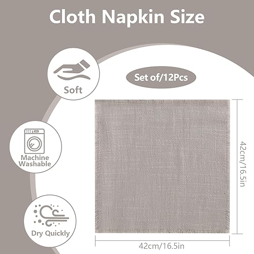 12 Pièces Serviettes de Table en Tissu, 42 x 42 cm Serviette de Table Coton avec Franges pour Anniversaire, Mariage Décoration (Gris Clair) - Nail Gallerys