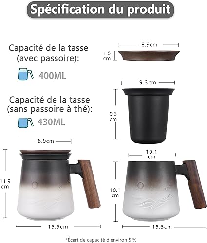 ZENS Tasse à Thé Gaufré Céramique (430ML) tasse a the avec infuseur et couvercle Poignée en bois, Feuilles mobiles tasse avec couvercle & Passoire pour les amateurs de thé Cadeaux - Nail Gallerys