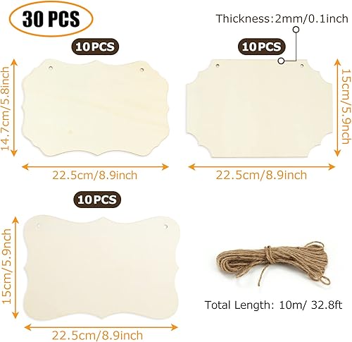 YOUNTHYE Lot de 30 plaques en bois vierges, 22,5 x 15 cm, panneaux à suspendre avec cordes, bannières décoratives en tranches de bois pour la maison et l'école - Nail Gallerys