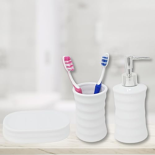 damaloo Ensemble de 3 accessoires de salle de bain en céramique - Blanc - Avec distributeur de savon, gobelet à brosse à dents et porte-savon - Organiseur de salle de bain - Accessoires de salle de - Nail Gallerys