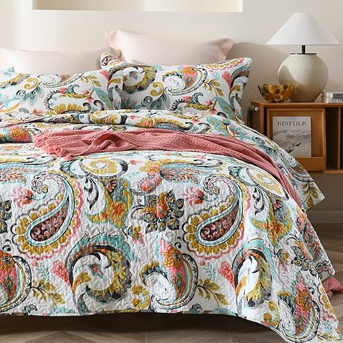 VISIMISI Couvre-lit 220 x 240 cm en coton vert cachemire avec fleurs Jeté de lit 230 x 250 cm avec 2 taies d'oreiller Couverture réversible pour toutes les saisons pour lit double - Nail Gallerys