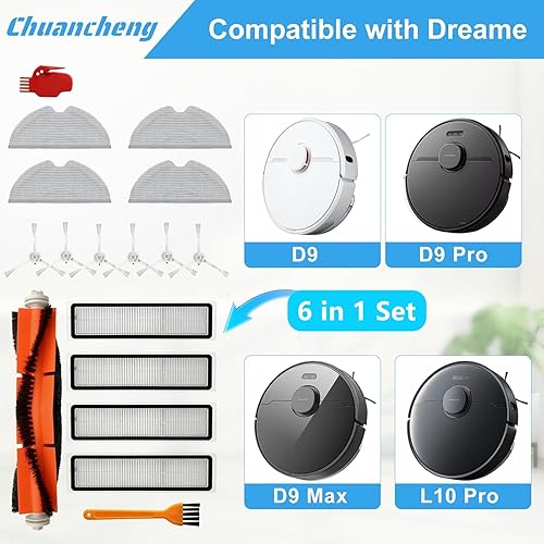 Kit d'accessoires pour pièces d'aspirateurs Dreame D9, D9 Max, D9 Pro, L10 Pro, 1 brosse principale, 6 brosses latérales, 4 filtres, 4 chiffons de nettoyage, 2 brosses de nettoyage - Nail Gallerys