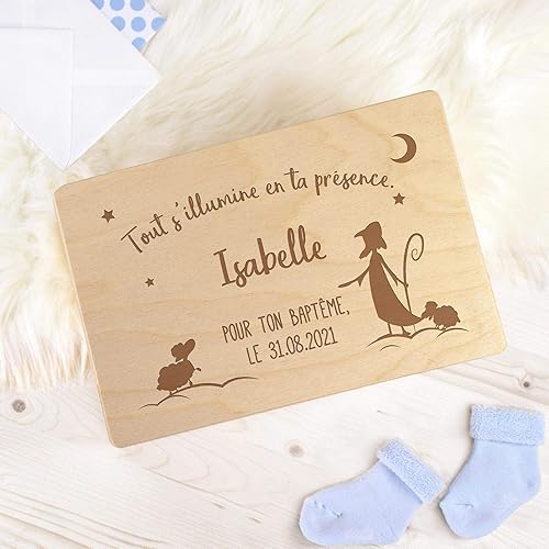 Casa Vivente Boîte à Souvenirs en Bois de Pin avec Couvercle, Charnières et Ruban, Gravure Personnalisée Berge pour Le Baptême, 30 x 20 x 14 CM - Nail Gallerys