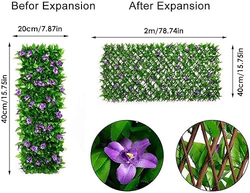 Panneaux de treillis de jardin extensibles 200x40cm, treillis extensible avec feuilles artificielles, clôture de jardin extensible avec lierre artificiel et fleur violette, décoration de fond de verdu - Nail Gallerys