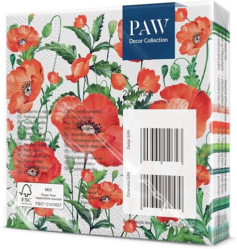 PAW - Serviette Papier 3 Plis (33 x 33 cm) I Lot de 20 I Serviette de Table Papier Idéal pour les Anniversaires, les Fêtes Patronales, les Garden Parties, les Événements Familiaux (Flanders Poppy) - Nail Gallerys
