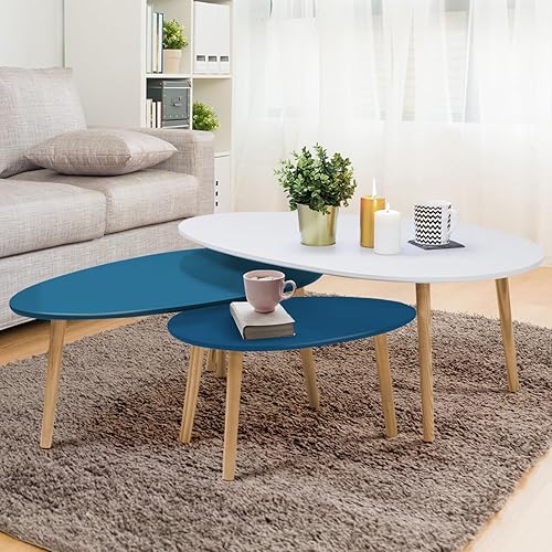 IDMarket - Lot de 3 Tables Basses gigognes Gigi laquées Blanc/Bleu - Nail Gallerys