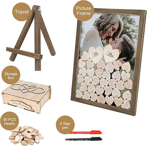 IGTOPS Livre d'or de mariage en bois avec cadre photo, 100 cœurs en bois à écrire et 2 marqueurs pour livre d'or de mariage, anniversaire et baby shower - Nail Gallerys