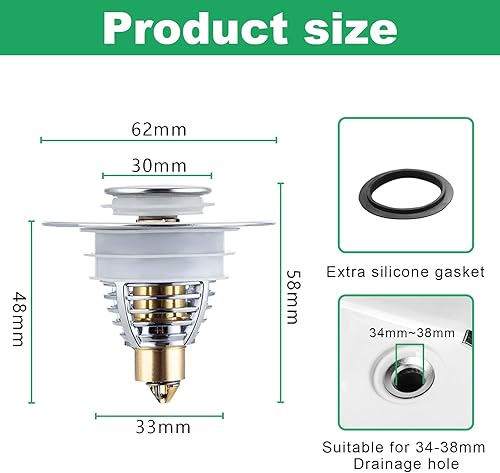 Relota Ø 34-38mm Bouchon lavabo INOX, bonde de lavabo Anti-Odeur Universel Pop up avec 2 Silicone Joints, Flitre de Vidange avec Tamis Anti-colmatage, pour Vasque à Poser Bouchon Baignoire - Nail Gallerys