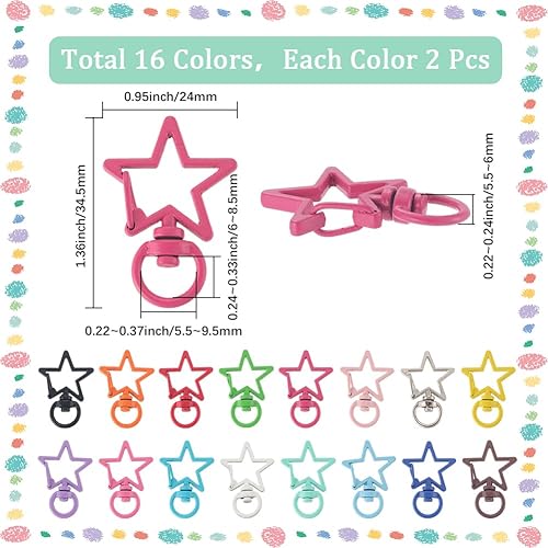 SUNNYCLUE 1 boîte de 32 fermoirs Pivotants en Forme D'Étoile 16 couleurs en Alliage Métallique Coloré avec Anneau à Ressort Boucle à Pression Crochet Porte Clés pour la Fabrication de Bijoux Porte Clé - Nail Gallerys