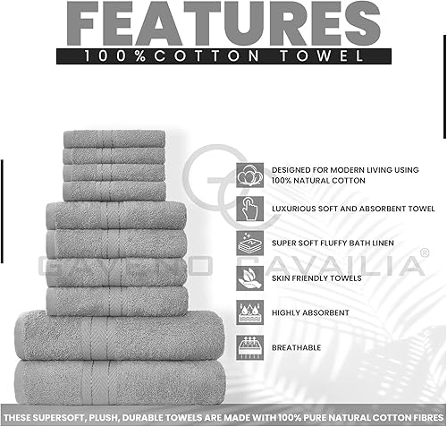 GC GAVENO CAVAILIA Lot de 10 Serviettes de Bain 100% Coton égyptien, 4 Visage, 4 Mains, 2 Serviettes de Bain, de qualité supérieure, très absorbantes, lavables en Machine, argenté - Nail Gallerys