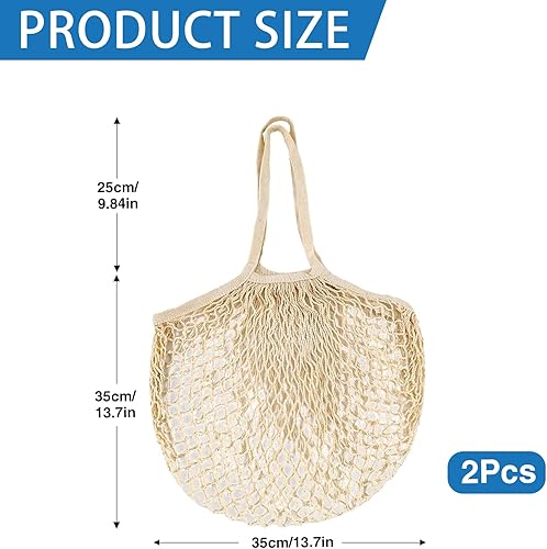 HUSOUE Lot de 2 sacs en maille - Réutilisables - En coton - Avec poignée - Lavables - Pour les courses et les fruits et légumes, beige, m, Pliable - Nail Gallerys