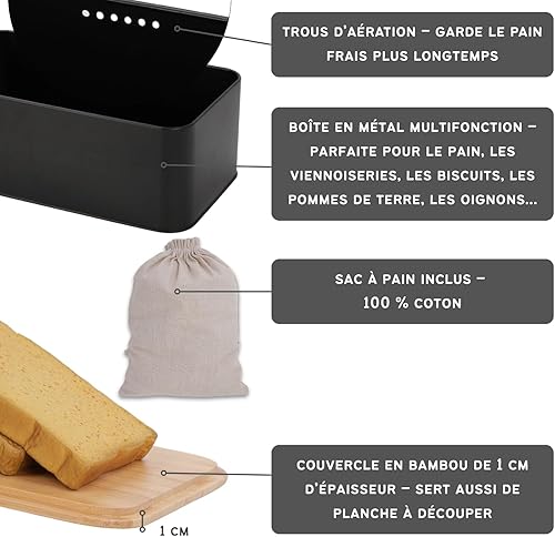 KOOK TIME Boîte à Pain en Métal avec Couvercle en Bambou – Huche à Pain Ventilée – Design Moderne – Inclut Sac à Pain en Coton – 34x19x12.5 cm. - Noir - Nail Gallerys