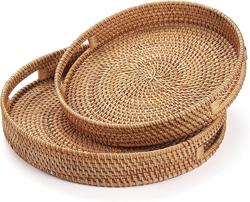 Rond Plateau de Service Rotin Tissé avec Poignées Plateau de Table Basse pour Ottoman Décorative Naturel (30cm x 6cm) - Nail Gallerys