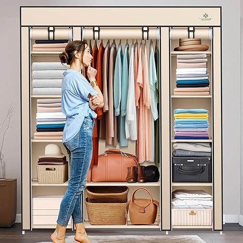 KESSER® Armoire en tissu solide avec tringle à vêtements et étagères - 5 cintres - Armoire pliante en tissu pour chambre à coucher - Dressing - Avec porte-vêtements - 150 x 45 x 175 cm - Beige - Nail Gallerys
