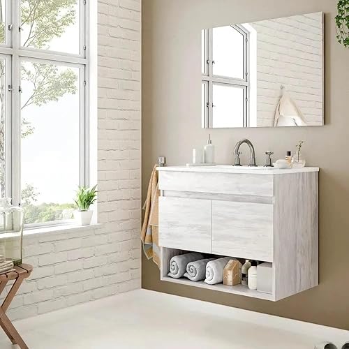 Bagno Italia Meuble de salle de bain de 80 cm suspendu couleur chêne blanchi avec lavabo et miroir mobilier moderne - Nail Gallerys