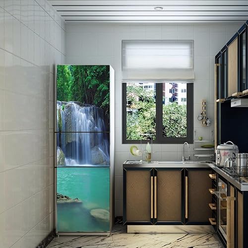 Stickers Autocollants pour frigo, Autocollant de réfrigérateur Couvrant entièrement la Porte du réfrigérateur, Autocollants muraux pour décalcomanie de Cuisine, Paysage de Cascade d'arbre Vert - Nail Gallerys