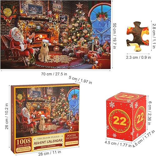 Calendrier de l'Avent Puzzle 70 x 50cm, 24 Boîtes 1008pcs Puzzles Père Noël et Chien pour Compte à Rebours de Noël, Décoration Intérieure Enfants Adultes Cadeaux - Nail Gallerys
