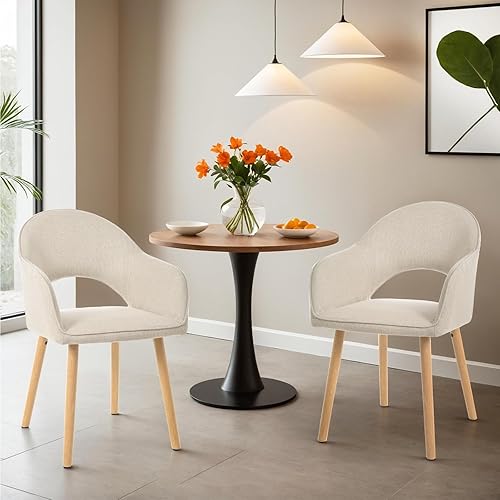 Goeurvant Lot de 2 chaises de salle à manger rembourrées avec accoudoirs en polyester et pieds en bois Beige - Nail Gallerys