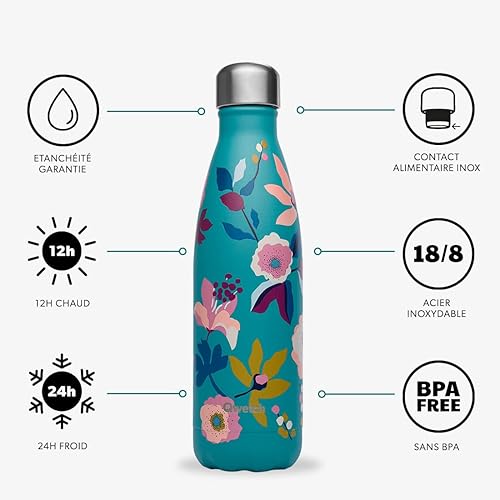 Qwetch - Bouteille Isotherme Giverny Mimosa 500ml - Gourde Nomade Inox - 24h Froid et 12h Chaud - Etanche, Sans BPA & Réutilisable - Nail Gallerys