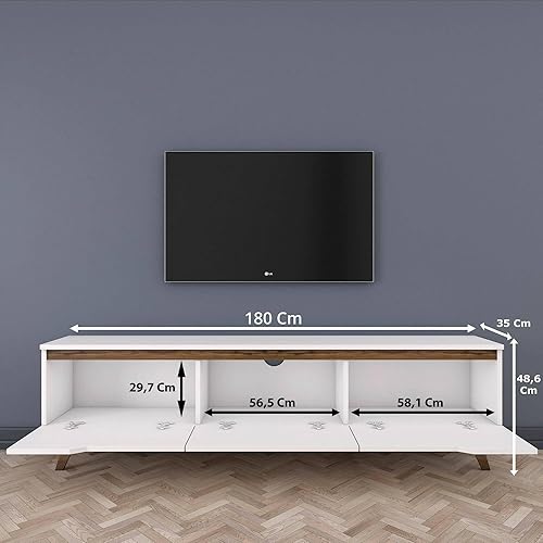 Dmora - Meuble TV Cor, Buffet de Salon, Armoire Basse pour TV, Base Murale de Rangement, 180x35h49 cm, Blanc et Noyer - Nail Gallerys