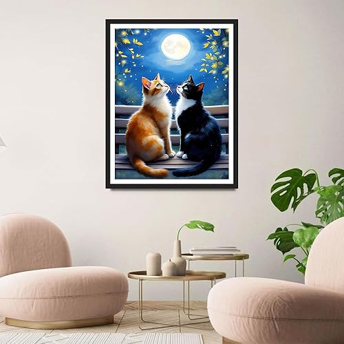 QINRUBB DIY 5D Chatons Amoureux Peinture Diamant Painting Kit, 5D Nuit de Lune Art du Diamant Complet Kits, Chaton Diamond Art Kits Point de Croix Painting pour Adultes Débutants Maison Décor 30x40cm - Nail Gallerys