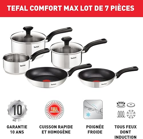 Tefal Comfort Max Casseroles 14/16/18 cm + couvercles 16/18 cm, Poêles 20/24 cm, Induction, Revêtement antiadhésif sur (poêles), Inox haute qualité, Garantie 10 ans, Poignées thermo-isolées C972S544 - Nail Gallerys