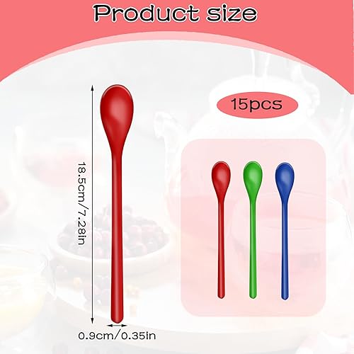 15 Pièce Cuillères à Long Manche, Cuillères en Plastique Colorées, Cuillères Plastique Réutilisable, Longues Cuillères à œufs, Café, Dessert, louche à soupe, Rouge, vert, bleu - 19 cm - Nail Gallerys