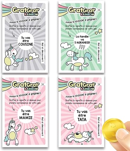 Ticket à gratter pour annonce de grossesse à la famille, future tata, mamie, cousine, Petit jeu de grattage licorne (Cousine) - Nail Gallerys