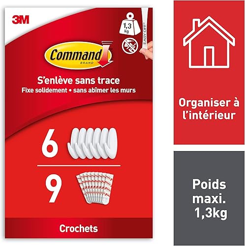 Command Crochets Design Moyen, Modèle Blanc - Lot de 6 Crochets et 9 Languettes Moyennes - Pour Accrocher et Décorer Sans Abîmer - Nail Gallerys