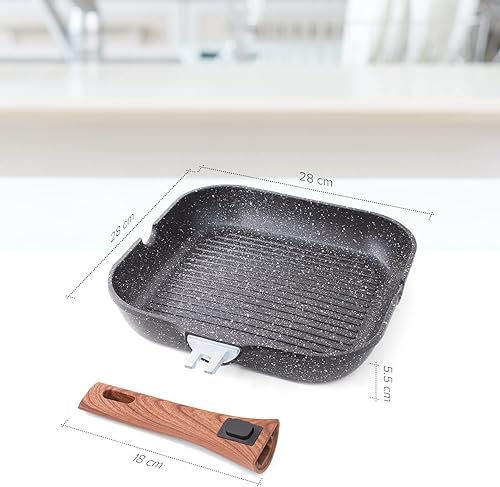 joeji's Kitchen Poele Grill Induction Antiadhesive 28 cm - Poignée Amovible - Cuisson de la Cuisinière Au four - Poêle Grill pour des plats faibles en gras avec de superbes Marques de Cuisson - Nail Gallerys