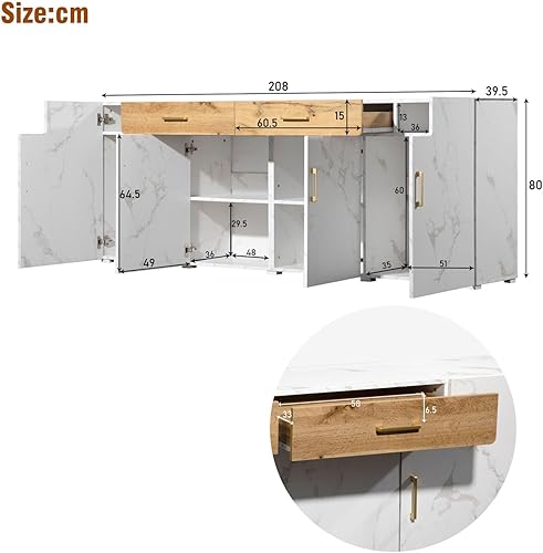 entapuk Buffet, armoire de cuisine, armoire de rangement, 208 x 39,5 x 80 cm, commode avec 4 portes, 2 tiroirs, buffets - Nail Gallerys