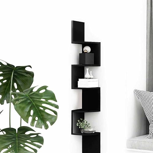 OcioDual Étagère d'angle 5 étages en Forme de Zigzag en Bois 20x20x122cm C/Noir Fixation Murale Style Moderne - Nail Gallerys