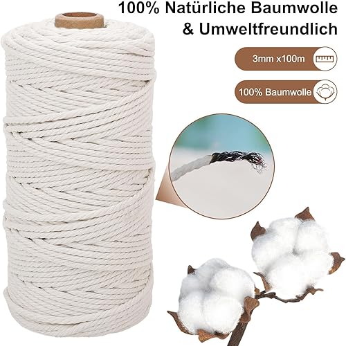 Lot de 3 fils de coton pour macramé, 3 mm x 100 m, fil de coton coloré, à suspendre, suspension de plantes, bricolage, à tricoter, beige, rose clair, cuir rose - Nail Gallerys