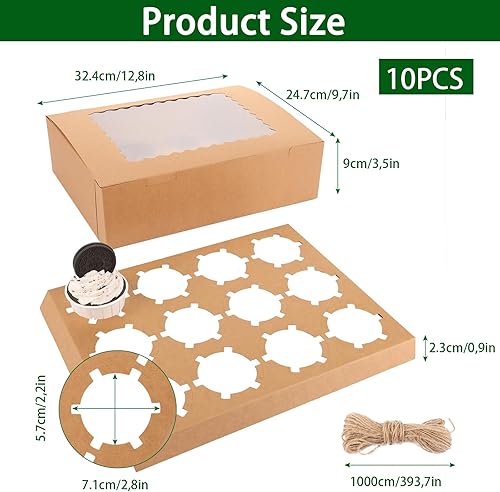WOPPLXY Lot de 10 Boite Cupcakes 12 Trous, Boite Cupcakes avec Fenêtre Transparente et Autocollants, Boite a Cupcake en Papier Kraft pour Cupcakes Muffins Petits Gâteaux Décoratifs - Nail Gallerys