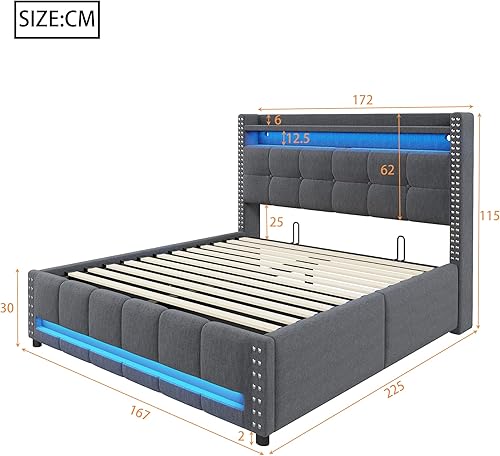 Lit 140x200 avec Sommier avec LED et USB, Lit Coffre 140x200 avec étagères et espace de rangement, Lit Double avec à lattes et hydraulique, Lit Rembourré Cadre de lit 140x200, Gris(Sans Matelas) - Nail Gallerys
