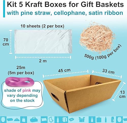 5 Paniers Cadeaux Vides 34x23x11cm + 200g de Papier de Pin + 10 Feuilles Cellophane + 25m de Fil | Coffret en Carton sans Couvercle | Corbeilles, Cadeaux, Anniversaire, Pâques, Saint-Valentin, Fêtes - Nail Gallerys