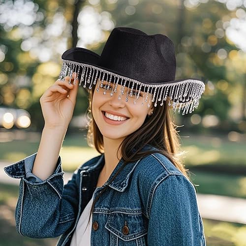 Chapeau de cowboy à pompons pour femme, large bord à franges en strass, chapeau en feutre avec bande en satin, chapeau de cowboy occidental L pour club, fête costumée - Nail Gallerys
