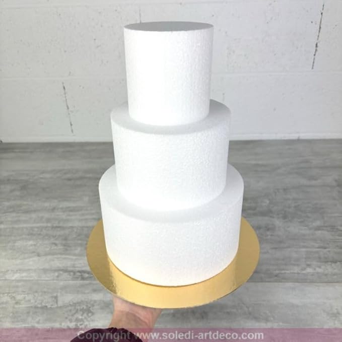 Pièce montée Haut. 30 cm polystyrène, gâteau Base Ø 20cm à 10cm, 3 disques Styropor Hauteur 10cm, Plateau doré réversible - Nail Gallerys