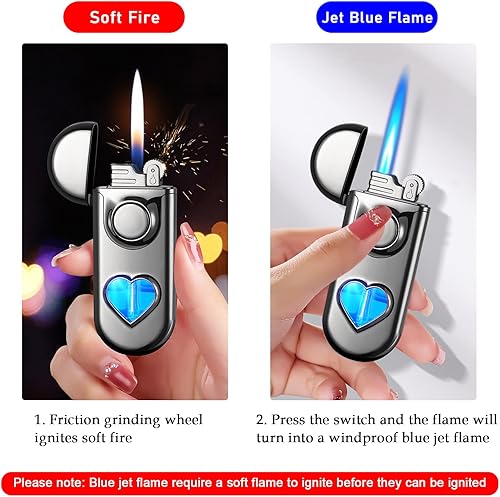 Briquet jet avec 6 pierres à silex, briquet coupe-vent avec fenêtre à gaz visible, flamme douce réglable et flamme de jet 2 en 1 pour extérieur et intérieur (sans butane) - Rose orange - Nail Gallerys